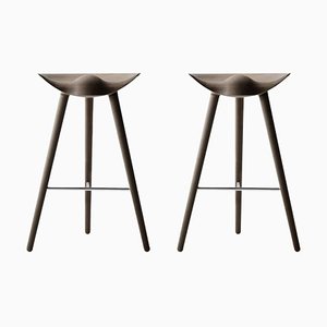 Brown Oak and Stainless Steel Bar Stools by Lassen, Set of 2
