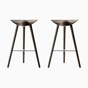 Set of Brown Oak and Stainless Steel Bar Stools by Lassen