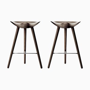 Set of Brown Oak and Stainless Steel Counter Stools by Lassen