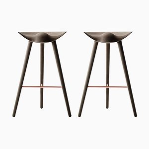 Set of Brown Oak and Copper Bar Stools by Lassen