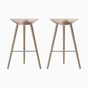 Set of Oak and Stainless Steel Bar Stools by Lassen