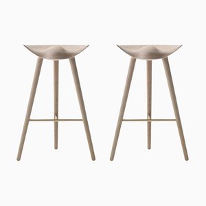 Set of Oak and Brass Bar Stools by Lassen