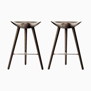 Set of Brown Oak and Copper Counter Stools by Lassen