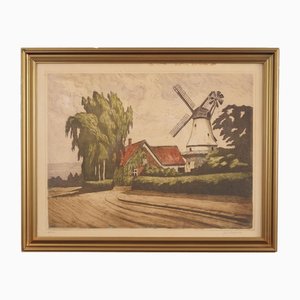 Skandinavischer Künstler, The Windmill, 1970er, Druck auf Holz, gerahmt