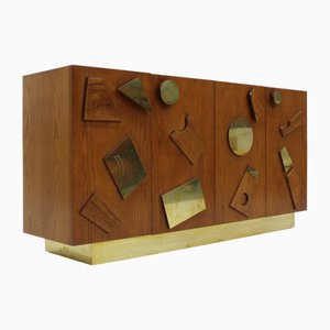 Italian Brutalist Sideboard in Wood and Brass
