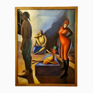 Composición figurativa modernista, años 90, óleo sobre lienzo