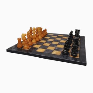 Brown and Black Chess Set in Volterra Alabasterr, Italy, 1970s, Set of 33