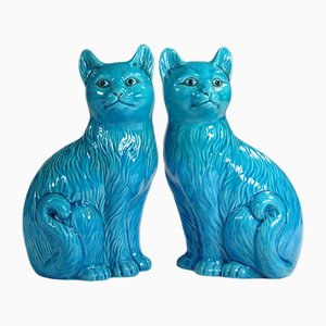 Mid-Century Keramik Blaue Katzen, 1970er, 2er Set