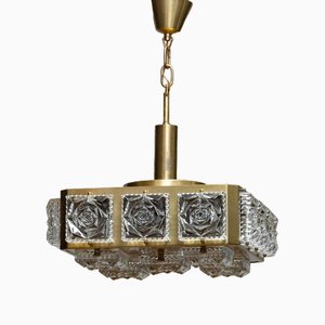 Square Ceiling Lamp in Brass and Pressed Art Glass from Boréns Borås, 1960s