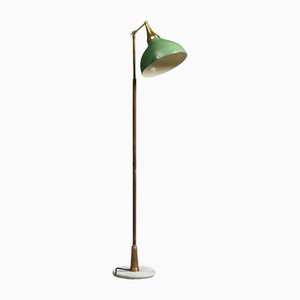 Mid-Century Italian Brass Floor Lamp with Green Patina & White Marble Base, 1950s