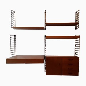 Mid-Century Minimalist Shelf System with Desk, Shelves, Closet and Drawers in Teak, 1960s