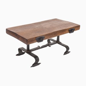 Brutalist Coffee Table in Elm in the style of Jacques Adnet, 1950s