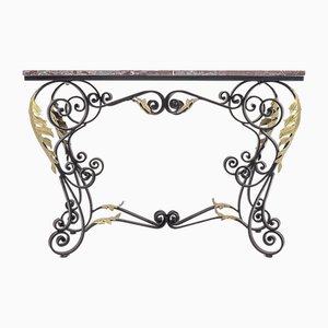Wrought Iron Console with Golden Acantho Leaves, 1950s