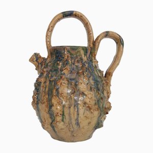 Gargoyle Water Jug in Green and Yellow Glazed Sandstone in the style of Vallauris