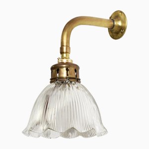Antique Brass Wall Light with Holophane Glass Shade, 1920s