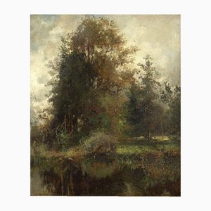 Karl Peter Burnitz, vista al bosque con estanque, década de 1800, pintura al óleo