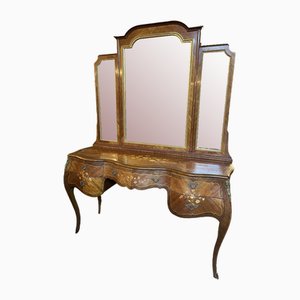 Marquetry Inlay and Brass Bombe Dressing Table with Mirror