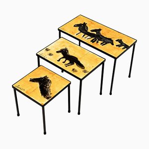 Mid-Century French Yellow and Black Ceramic Nesting Tables, 1961, Set of 3