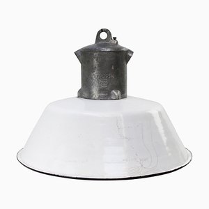 Lampe à Suspension Industrielle Vintage en Émail Blanc et Fonte d'Aluminium