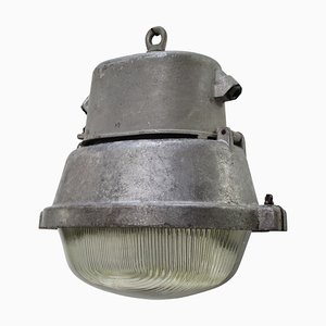 Vintage Industrial Gray Metal Oval Holophane Glass Street Light