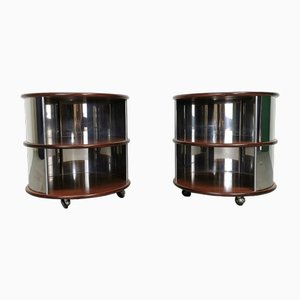 Vintage Round Bedside Tables in Walnut and Steel, 1970s, Set of 2