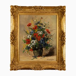 Eugene Henri Cauchois, Bowl of Tricolor Flowers, 1800s, Oil on Canvas, Framed