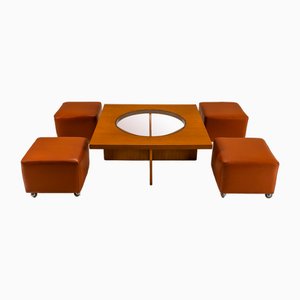 Coffee Table in Cherry Wood with Four Faux Mobile Poufs, Italy, 1970s, Set of 5