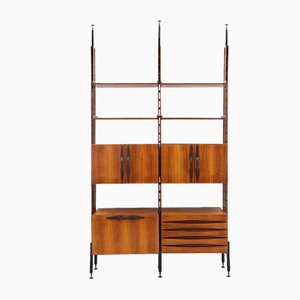 Floor to Ceiling Bookcase in Wood, Brass and Leather, 1950s