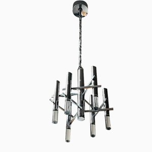 Lampada a sospensione in metallo cromato e vetro acrilico attribuita a Gaetano Sciolari, anni '70
