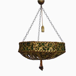 Vintage Suspension Lamp in Openwork Gilt Metal and Green Fabric, 1890s
