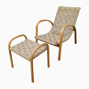 Fauteuil et Repose-Pieds avec Assises en Corde, Set de 2