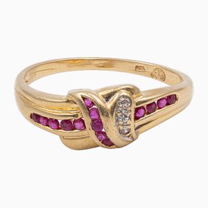 Vintage 18k Yellow Gold Ring with Rubies and Diamonds, 1970s