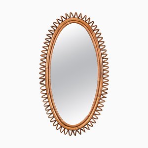 French Riviera Oval Mirror in Spiral Rattan and Bamboo, Italy, 1970s