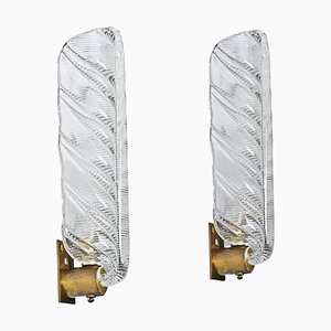 Italian Murano Glass and Brass Leaf Sconces attributed to Barovier, 1950s, Set of 2