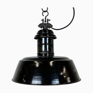 Industrielle spanische Fabriklampe aus schwarzer Emaille mit Gusseisenplatte, 1950er