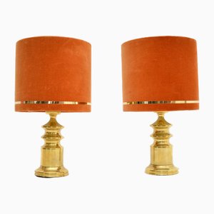 Vintage Brass Table Lamps with Velvet Shades, 1970, Set of 2