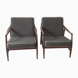 Vintage Armchairs with Brown Beech Wood Frame and Brown Seating and Back Cushions, Set of 2