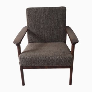 Fauteuil Vintage avec Structure en Teck, Assise et Coussins de Dossier Marron, 1970s