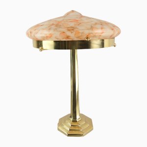 Art Deco Brass Table Lamp with Colored Marbled Glass Shade, Vienna, 1930s
