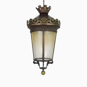 Lampada a sospensione grande a forma di lanterna in ottone e bronzo, anni '80