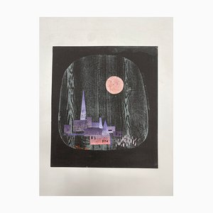 Jacob Pins, Forest Village at Full Moon, 1963, Woodblock Print