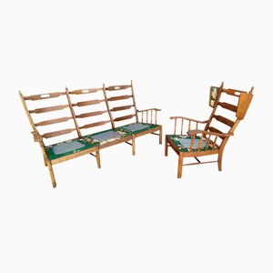 Divano e sedia imbottiti in quercia, anni '50, set di 2