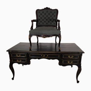 Louis XV Black Desk and Chair, 1950s, Set of 2