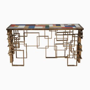Mid-Century Art Glass and Brass Console Table, 1980s