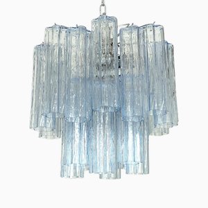 Lámpara de araña Trunci de cristal de Murano en azul cielo de estilo Venini de Simoeng