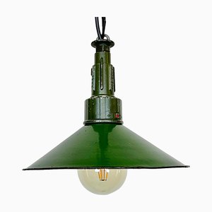 Industrial Green Enamel Military Pendant Lamp with Cast Aluminium Top, 1960s