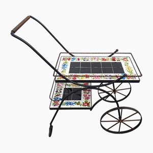 Hand Painted Ceramic Tiles and Wrought Iron Bar Cart Trolley by N. Teplow, 1950s