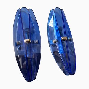 Italian Space Age Wall Sconces in Blue Glass from Veca, 1970s, Set of 2