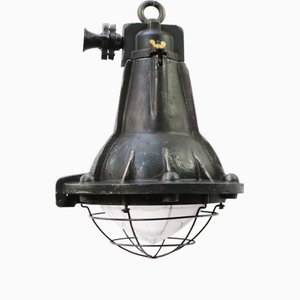 Lampe à Suspension Industrielle Vintage en Fonte Verte et Verre Clair, France