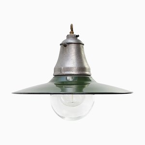 Vintage American Industrial Green Enamel and Clear Glass Factory Pendant Light